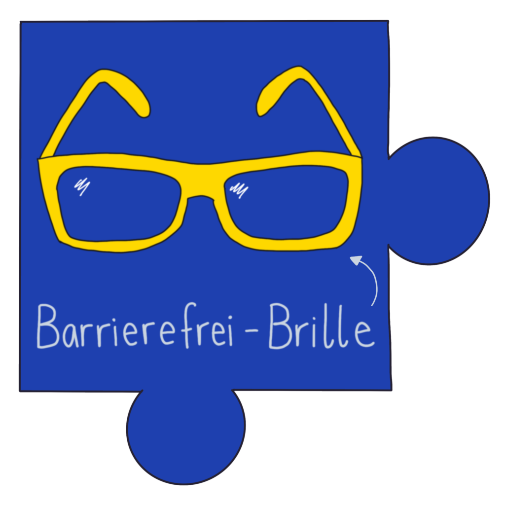 Blaues Puzzleteil, auf dem eine Brille mit einem gelben Brillengestell gezeichnet ist. Darunter steht Barrierefrei-Brille.