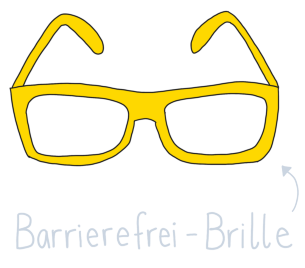 Zeichnung von einer Brille mit gelbem Brillen-Gestell. Darunter steht Barrierefrei-Brille.